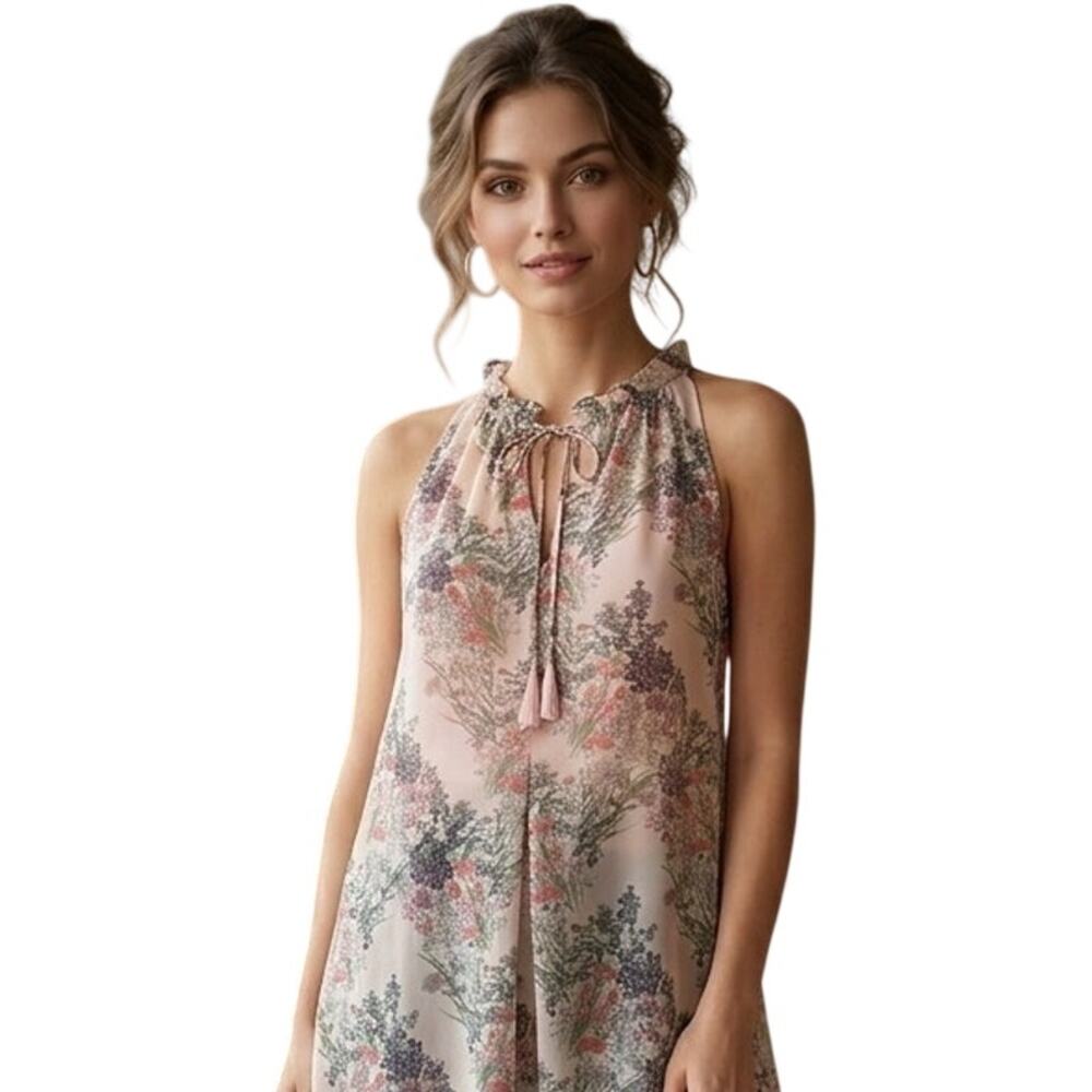 Max Studio Floral Top Womens Large Blush Pink Sleeveless Ruffled Flowy Tank